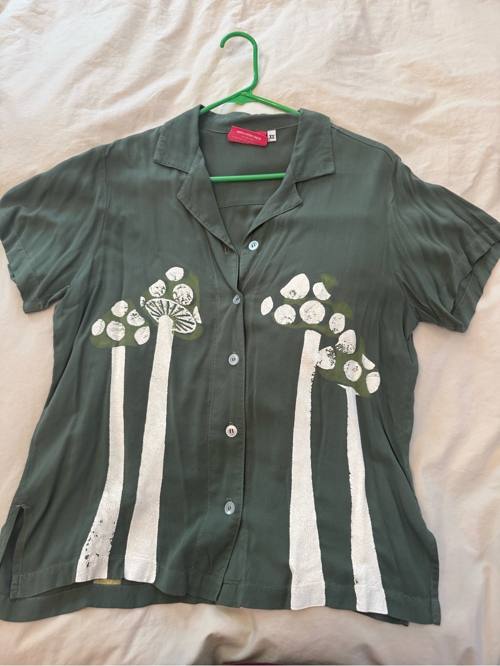 Relaxed Short-Sleeve Button Front Top in Green with White Mushrooms Graphic
